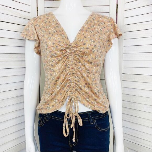 Love, Fire Floral Flutter Cap Sleeve Adjustable Length Knit Shirt Peach Large - Picture 1 of 13